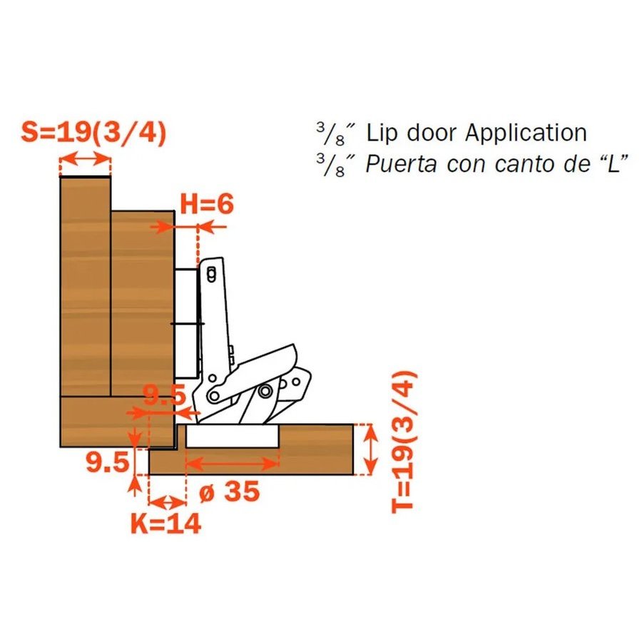 Salice Series B Special Application Hinge for 3/8 x 3/8" Lipped and