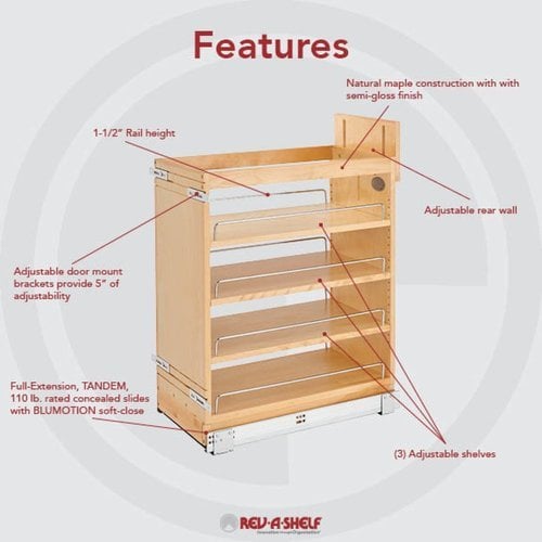 Pull-Out Wood Base Cabinet Organizer with Blum soft-close slides Rev-A-Shelf 11 in 448-BCSC-11C 