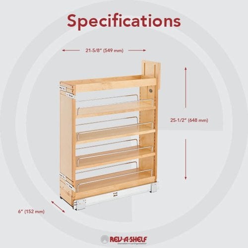Rev-A-Shelf 448-BCSC-6C, 7-1/4 Inch Width Wood Pull-Out Base Organizer with  Blumotion Soft-Close Slides for Frameless Kitchen Base Cabinets, Natural,  Min. Cabinet Opening: 7 W x 21-3/4 D x 25-5/8 H
