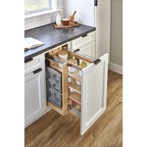 Rev-A-Shelf 5-1/2 Inch Width Wood Kitchen Cabinet Base Pull-Out Organizer  with Blumotion Soft-Close Slides and Servo-Drive, Natural, Min. Cabinet  Opening: 6 W x 22-13/16 D x 25-5/8 H 448-BCSCSD-5C