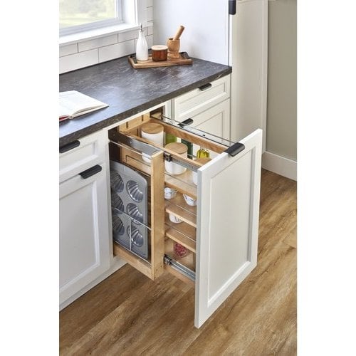 Rev-A-Shelf 8-1/2 Inch Width Wood Kitchen Cabinet Base Pull-Out Organizer  with Blumotion Soft-Close Slides and Servo-Drive, Natural, Min. Cabinet  Opening: 9 W x 22-12/16 D x 25-5/8 H 448-BCSCSD-8C