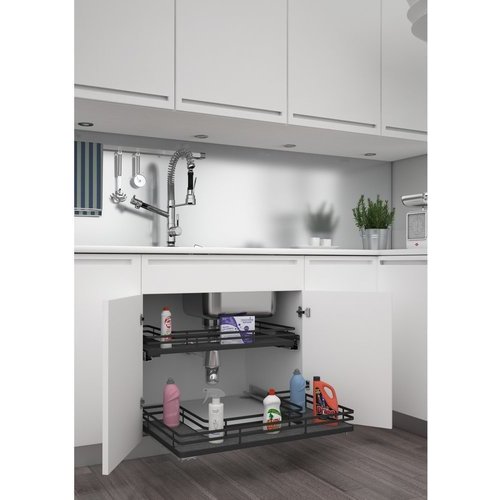 Fog Series Two-Tiered Base Organizer, Featuring Flat Wire in Orion Gray,  with BLUMOTION Full-Extension Soft Close Slides by Rev-A-Shelf