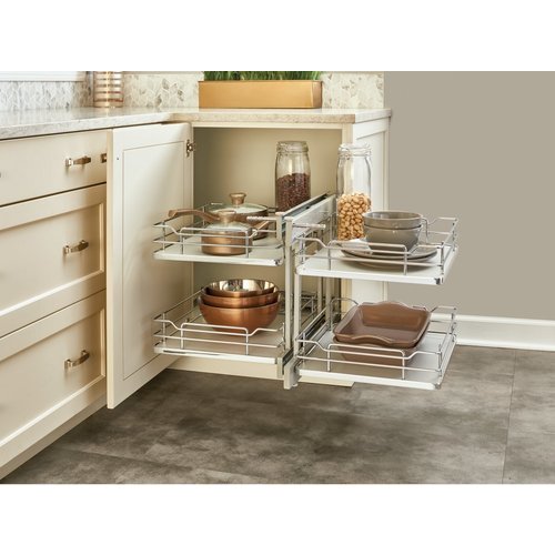 Rev-A-Shelf 26-1/4 Inch Width 2-Tier Pull-Out Wire Bottom Mount Non-Handed  Blind Corner Organizer with Soft-Close, for 15 W Cabinet Opening,  Chrome/Gray 53PSP-15SC-GR