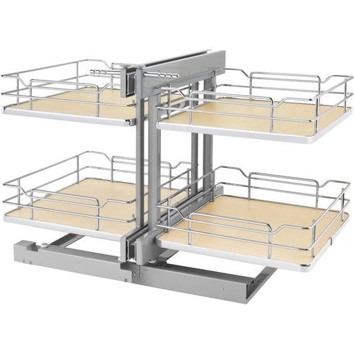 Rev-A-Shelf 26-1/4 Inch Width 2-Tier Pull-Out Wire Bottom Mount Non-Handed  Blind Corner Organizer with Soft-Close, for 15 W Cabinet Opening,  Chrome/Gray 53PSP-15SC-GR