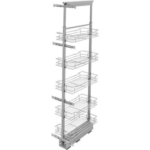 Rev-A-Shelf 10W x 58-1/4, 65-3/4 Inch Adjustable Height Pull-Out Pantry  Base Cabinet Organizer with 5 Baskets and 3 Door Mount Brackets,  Chrome/Gray, Min. Cabinet Opening: 10-1/2W x 21-3/4D x 59-3/4H  5358-10-GR