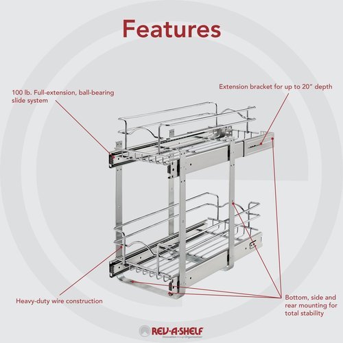 Rev-A-Shelf 18 Inch Width 2 Tier Wire Kitchen Cabinet Pull-Out Basket,  Chrome, Min. Cabinet Opening: 17-1/2 W x 22-1/8 D x 19-1/8 H  5WB2-1822CR-1
