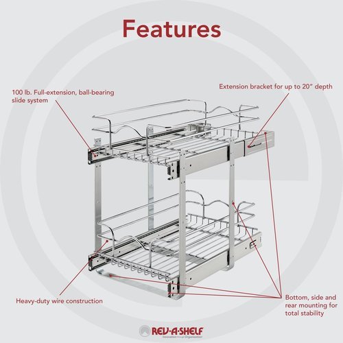 Rev-A-Shelf 18 Inch Width x 22 Inch Depth 2 Tier Kitchen Cabinet Pull-Out  Wire Basket, Chrome, Min. Cabinet Opening: 17-1/2 W x 22-1/8 D x 19-1/8  H 5WB2-1822CR-1